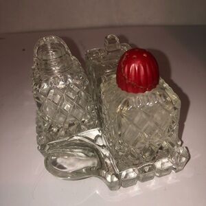 Vintage Glass Salt and Pepper Shaker three piece set on tray- anchor hocking